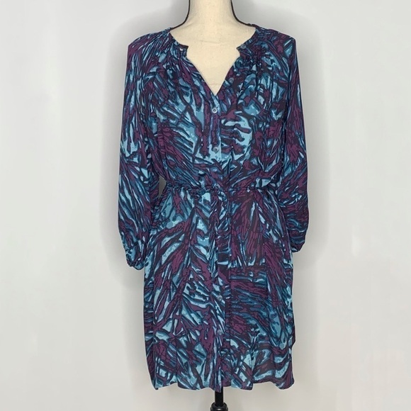 TUCKER Silk Mini Dress Purple Blue Frond Print Small - Picture 3 of 13